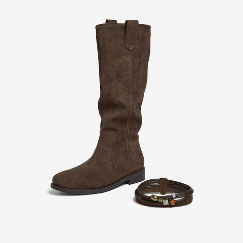 百思图2025冬季新款堆堆靴西部靴时尚复古女长靴W5862DG5