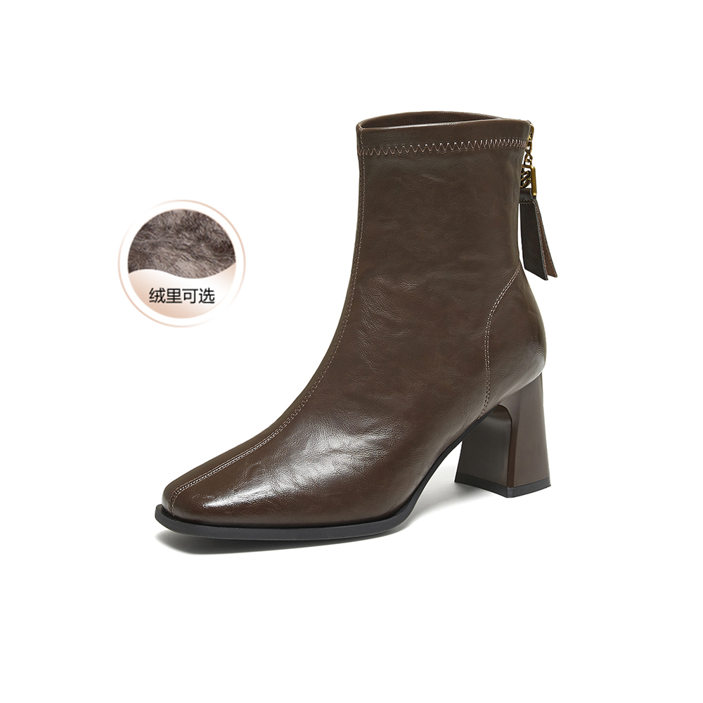 百思图2025冬季新款商场同款时装靴时尚通勤粗跟女短靴F5217DD5