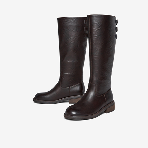 百思图2025冬季新款骑士靴时尚简约复古粗跟女长靴B7621DG5