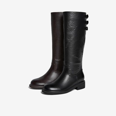 百思图2025冬季新款骑士靴时尚简约复古粗跟女长靴B7621DG5