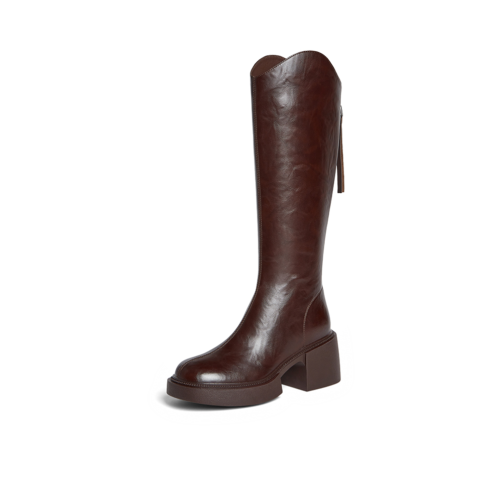 百思图2025冬季新款骑士靴时尚街头潮流通勤粗跟女长靴F3021DG5