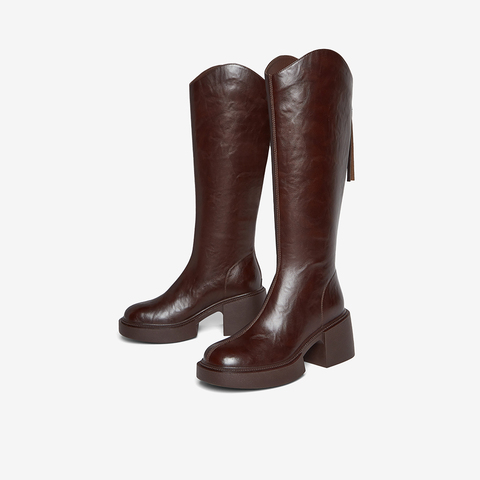 百思图2025冬季新款骑士靴时尚街头潮流通勤粗跟女长靴F3021DG5