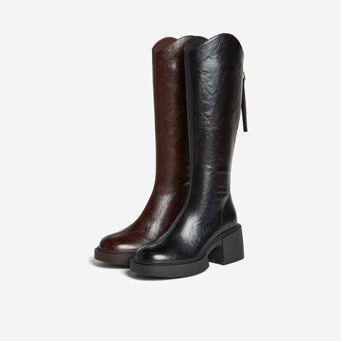 百思图2025冬季新款骑士靴时尚街头潮流通勤粗跟女长靴F3021DG5