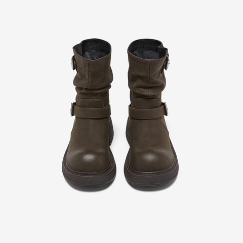 百思图2025冬季新款商场同款堆堆靴西部靴复古女中靴B8198DZ5