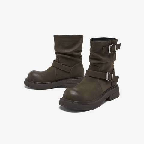 百思图2025冬季新款商场同款堆堆靴西部靴复古女中靴B8198DZ5