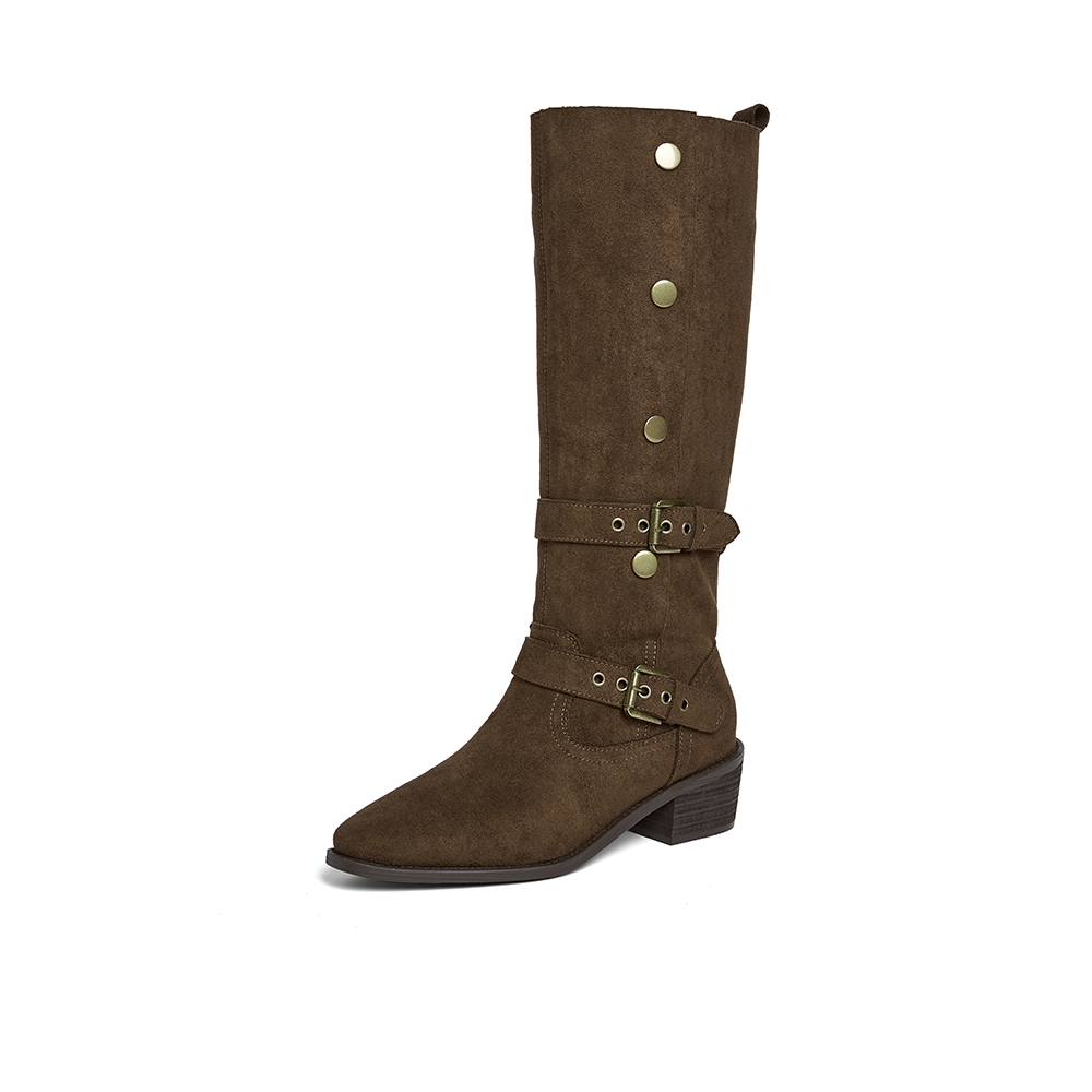 百思图2025冬季新款西部靴时尚复古潮流粗跟女长靴BP035DG5