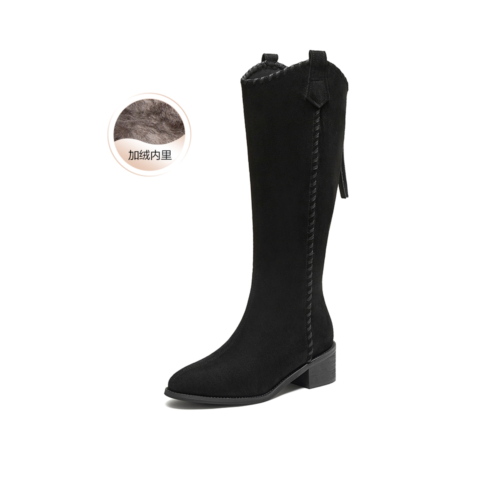 百思图2025冬季新款骑士靴潮流街头粗跟女长靴F3016DG5