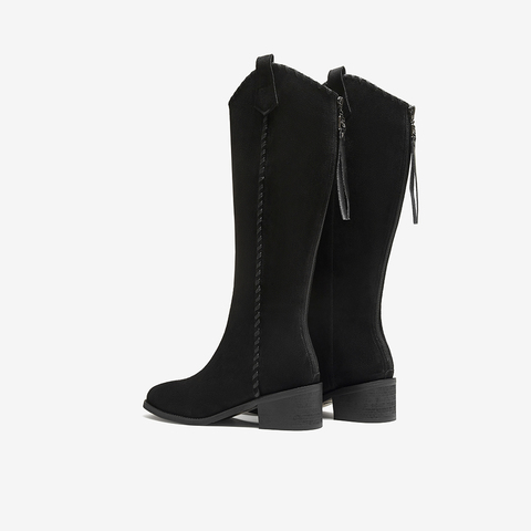 百思图2025冬季新款骑士靴潮流街头粗跟女长靴F3016DG5