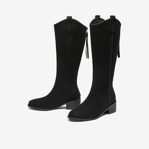 百思图2025冬季新款骑士靴潮流街头粗跟女长靴F3016DG5