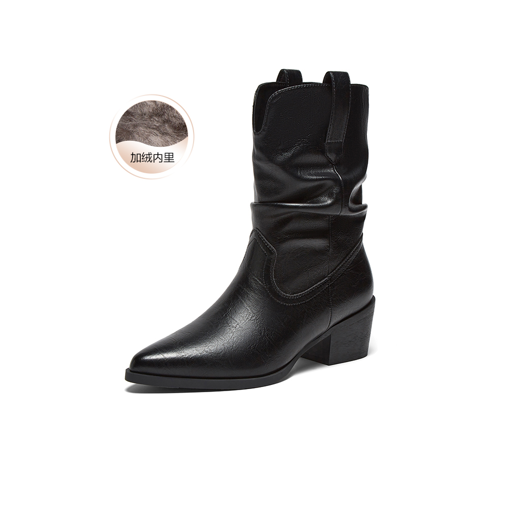 百思图2025冬季新款堆堆靴时装靴时尚潮流粗跟尖头女中靴F3061DZ5