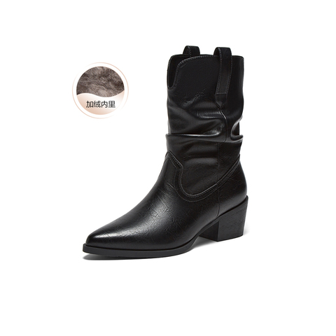 百思图2025冬季新款堆堆靴时装靴时尚潮流粗跟尖头女中靴F3061DZ5