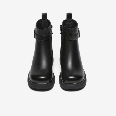 百思图2025冬季新款商场同款时装靴简约通勤粗高跟女短靴H6815DD5