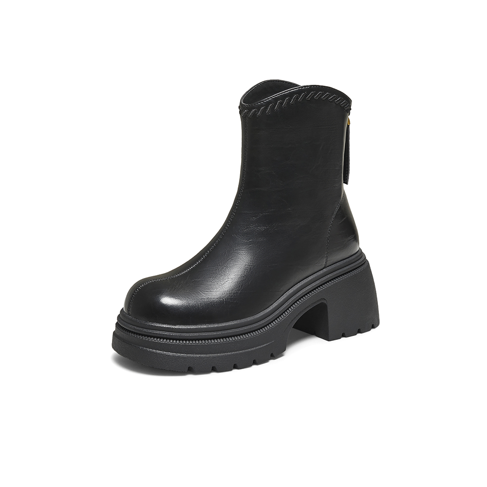 百思图2025冬季新款时装靴时尚简约户外通勤粗跟女中靴BP819DZ5