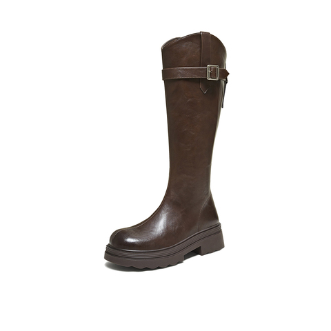 百思图2025冬季新款骑士靴时尚简约街头潮流女长靴BV808DG5