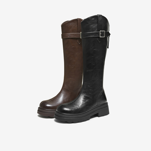 百思图2025冬季新款骑士靴时尚简约街头潮流女长靴BV808DG5