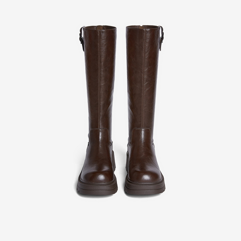 百思图2025冬季新款骑士靴时尚潮流街头粗跟女长靴F2271DG5