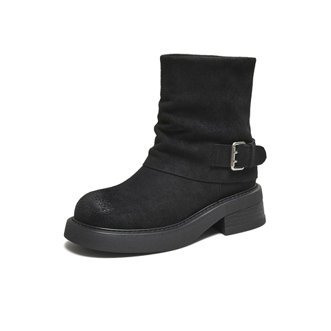 百思图2025冬季新款时装靴时尚潮流通勤粗跟女短靴W0103DZ5