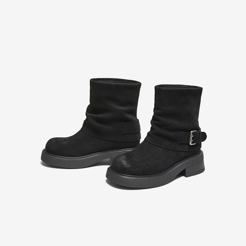 百思图2025冬季新款时装靴时尚潮流通勤粗跟女短靴W0103DZ5