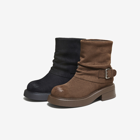 百思图2025冬季新款时装靴时尚潮流通勤粗跟女短靴W0103DZ5