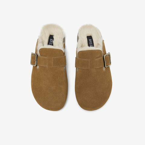 百思图2025冬季新款勃肯鞋时尚复古休闲加绒保暖女拖鞋D3788DH5