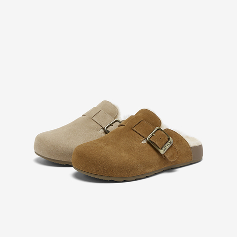 百思图2025冬季新款勃肯鞋时尚复古休闲加绒保暖女拖鞋D3788DH5