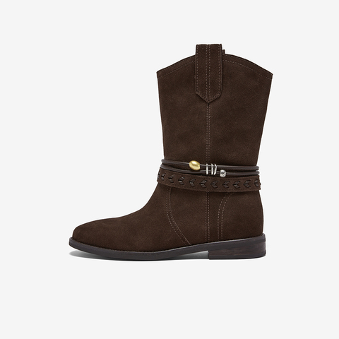 百思图2025冬季新款商场同款西部靴复古牛仔女中靴E5651DZ5