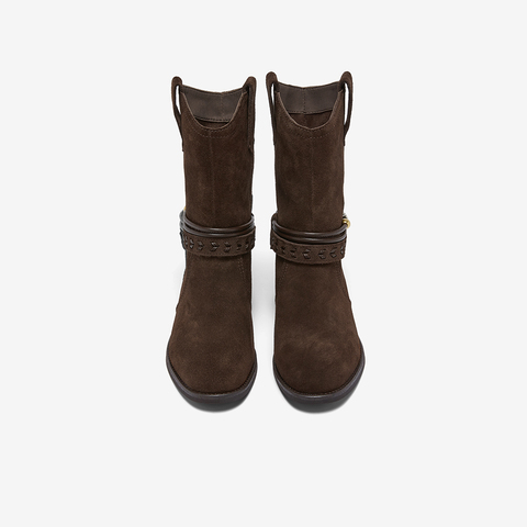 百思图2025冬季新款商场同款西部靴复古牛仔女中靴E5651DZ5