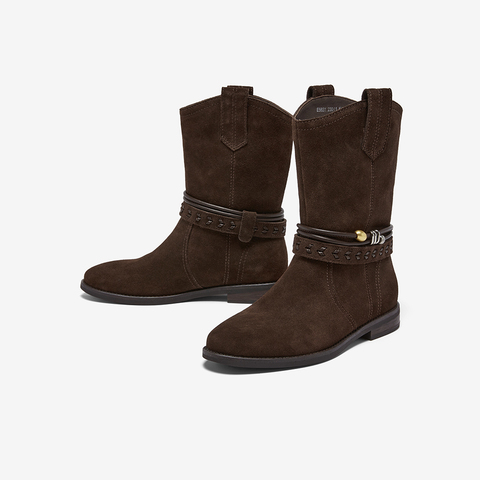 百思图2025冬季新款商场同款西部靴复古牛仔女中靴E5651DZ5