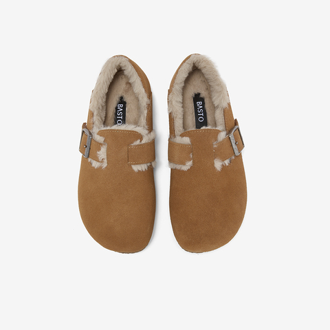 百思图2025冬季新款勃肯鞋时尚复古休闲加绒保暖女单鞋P8301DM5