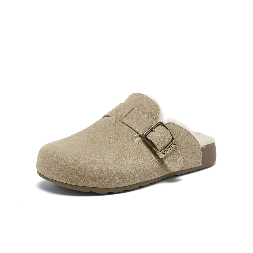 百思图2025冬季新款勃肯鞋时尚复古休闲加绒保暖女拖鞋D3788DH5