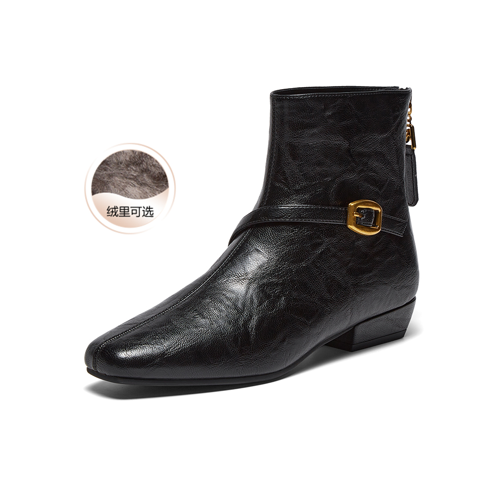 百思图2025冬季新款商场同款时装靴时尚通勤粗跟女短靴靴F3051DD5