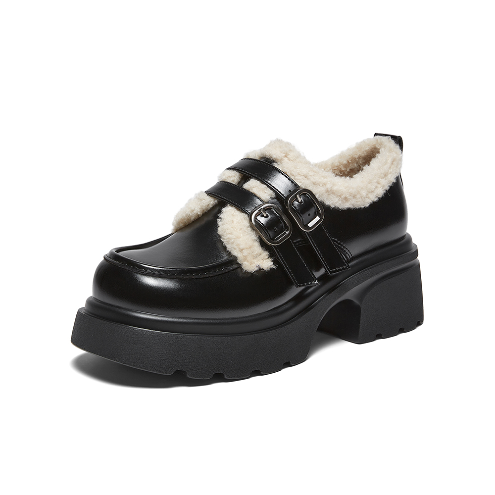 百思图2025冬季新款牛津鞋时尚加绒保暖学院风女单鞋CM691DM5