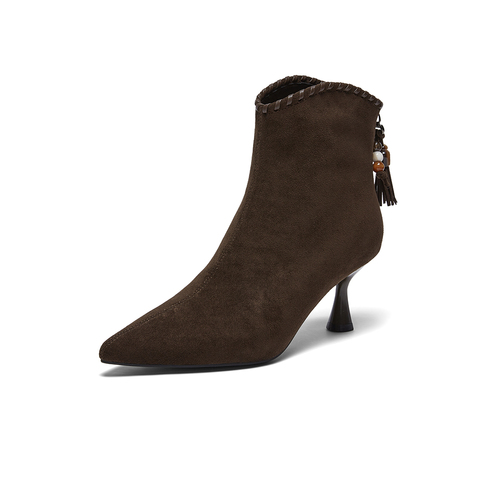 百思图2025冬季新款时装靴时尚潮流通勤细高跟尖头女短靴W0751DD5