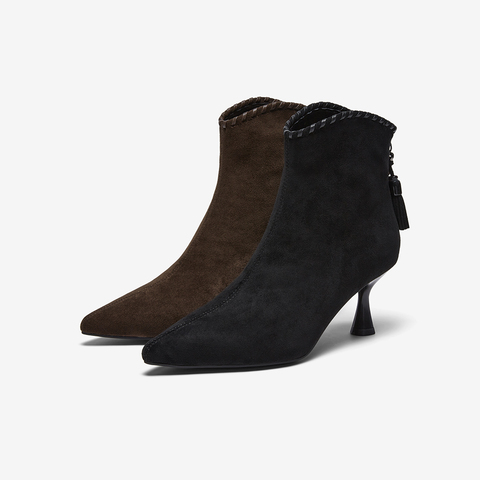 百思图2025冬季新款时装靴时尚潮流通勤细高跟尖头女短靴W0751DD5