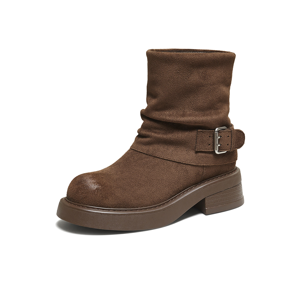 百思图2025冬季新款时装靴时尚潮流通勤粗跟女短靴W0103DZ5