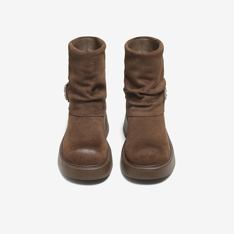 百思图2025冬季新款时装靴时尚潮流通勤粗跟女短靴W0103DZ5