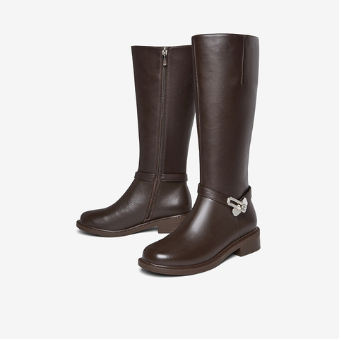 百思图2025冬季新款骑士靴简约时尚通勤高筒女长靴K5131DG5