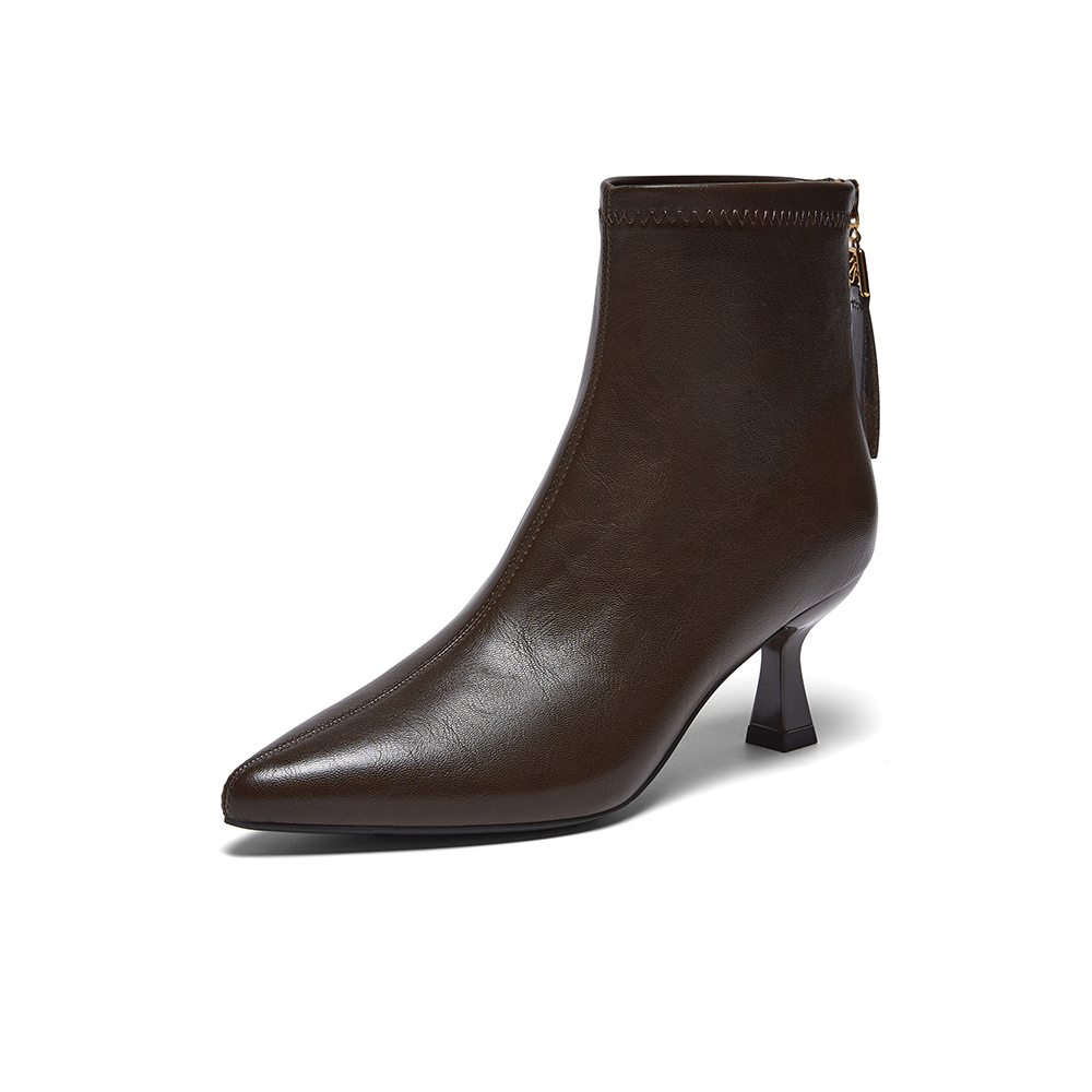 百思图2025冬季新款时装靴时尚简约通勤细高跟尖头女短靴F5316DD5