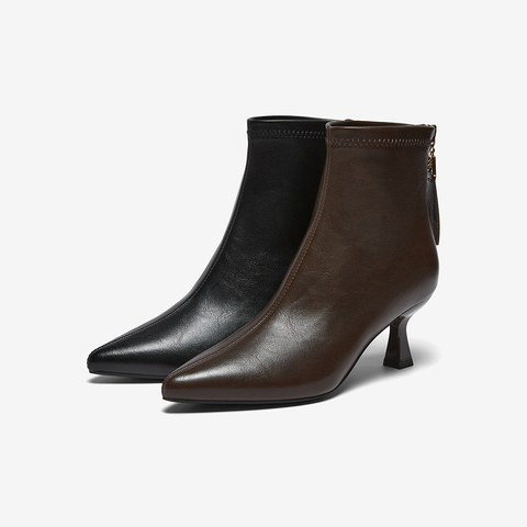 百思图2025冬季新款时装靴时尚简约通勤细高跟尖头女短靴F5316DD5