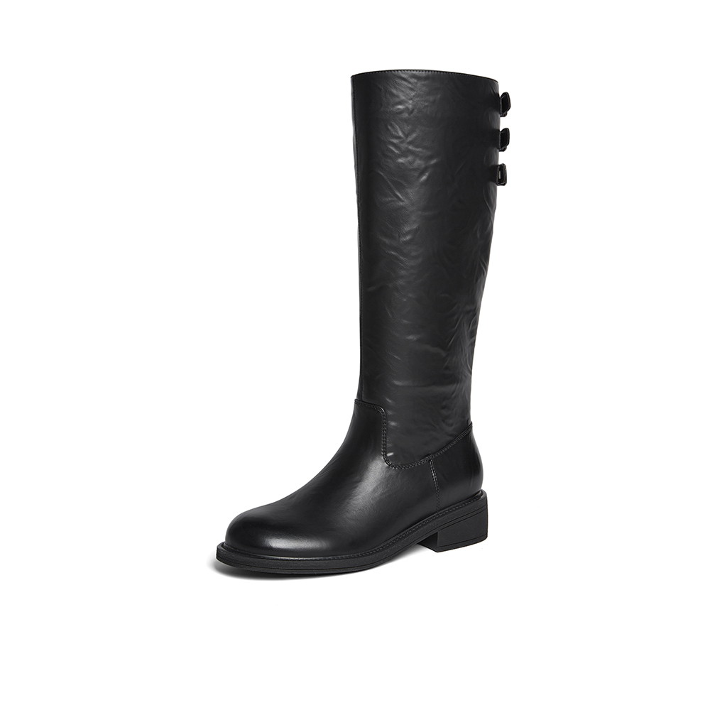 百思图2025冬季新款骑士靴时尚简约复古粗跟女长靴B7621DG5