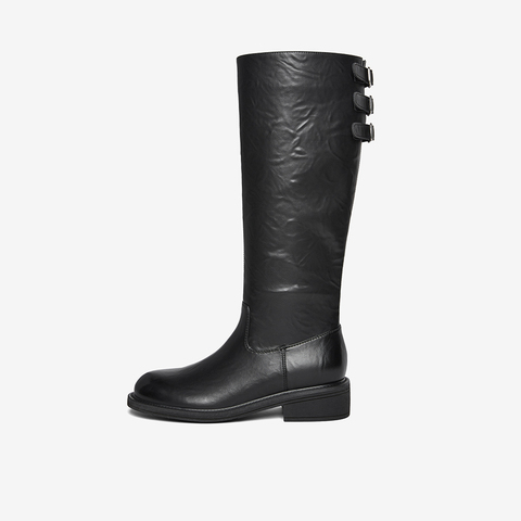 百思图2025冬季新款骑士靴时尚简约复古粗跟女长靴B7621DG5