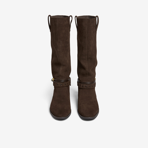 百思图2025冬季新款商场同款西部靴时髦复古牛仔女长靴E5652DG5