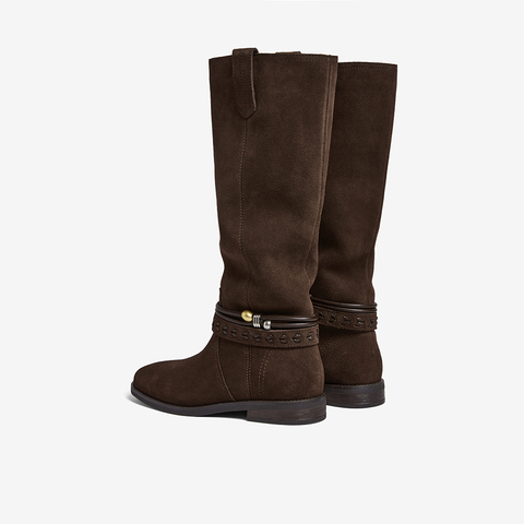 百思图2025冬季新款商场同款西部靴时髦复古牛仔女长靴E5652DG5