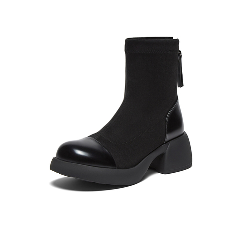 百思图2025冬季新款商场同款时装靴时尚通勤粗跟女中靴O3982DZ5