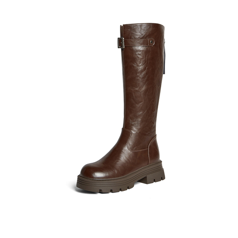 百思图2025冬季新款商场同款骑士靴街头潮流粗跟女长靴F2021DG5