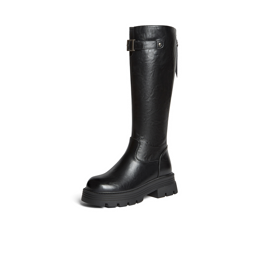 百思图2025冬季新款商场同款骑士靴街头潮流粗跟女长靴F2021DG5