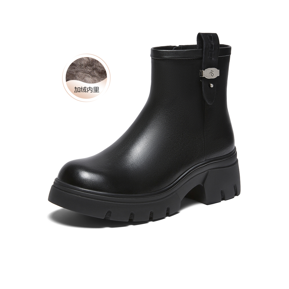 百思图2025冬季新款时装靴时尚简约通勤粗跟女短靴H6829DD5