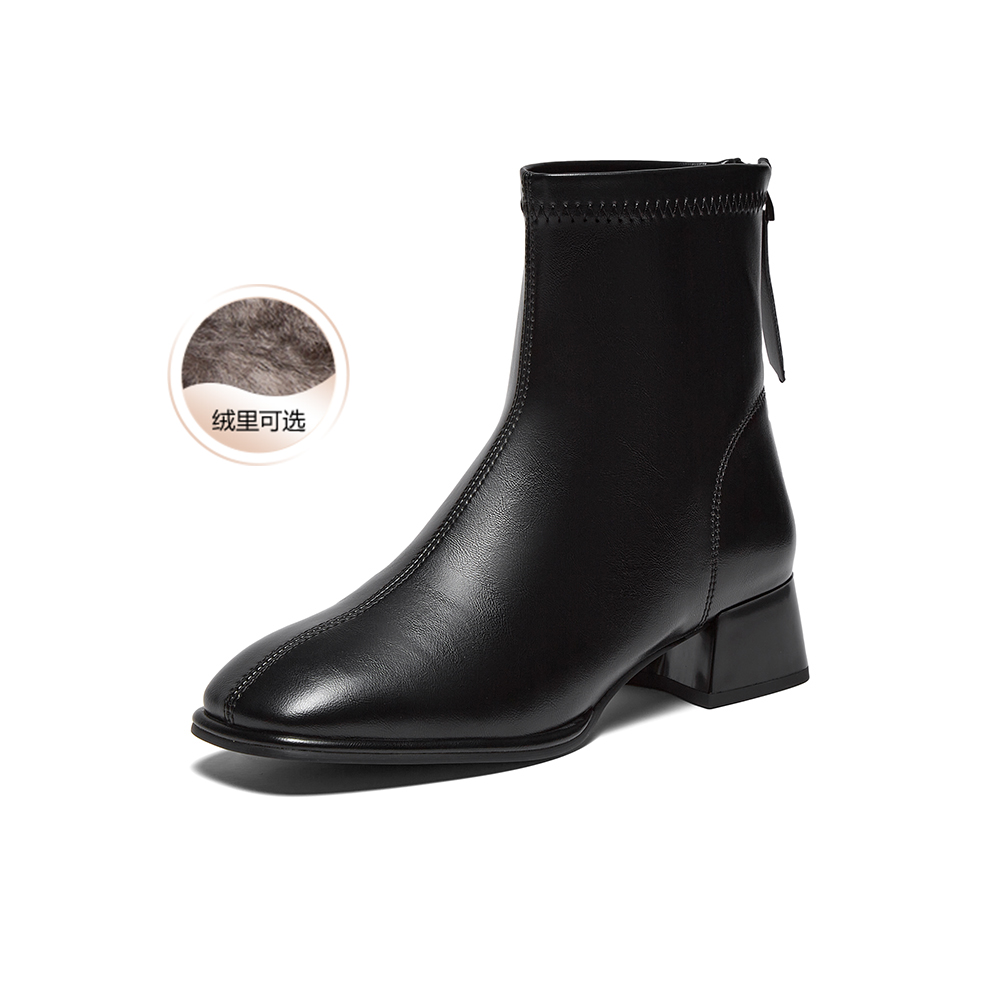 百思图2025冬季新款时装靴时尚简约通勤粗跟女短靴CM108DD5