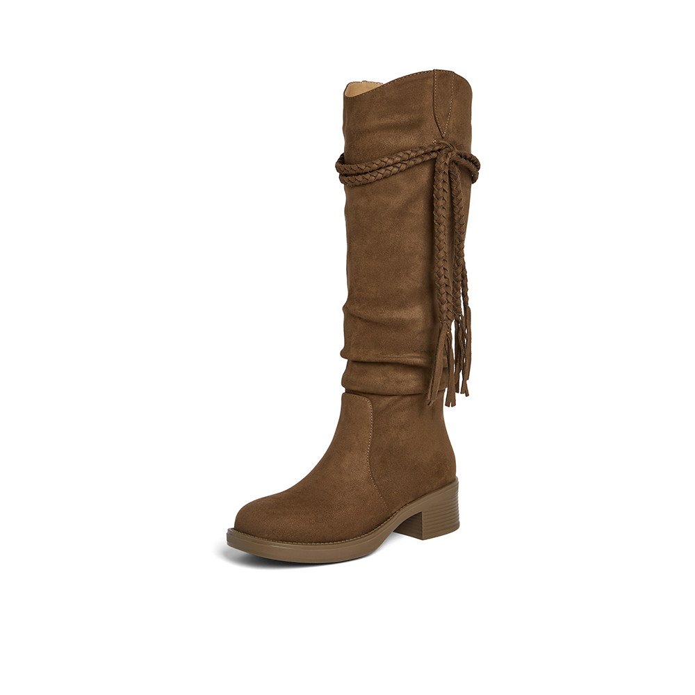 百思图2025冬季新款西部靴时尚复古潮流粗跟女长靴B9200DG5