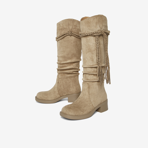 百思图2025冬季新款西部靴时尚复古潮流粗跟女长靴B9200DG5
